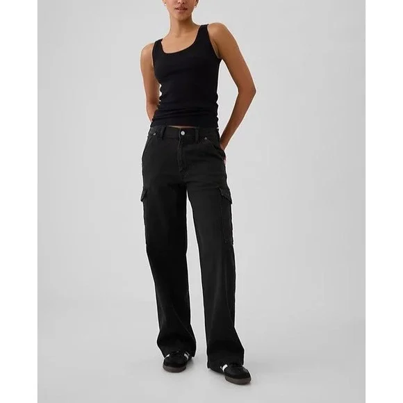 NWT Gap Mid Rise '90s Loose Cargo Jeans Washed Blk Grunge Baggy Skater Sz 33 16 - Picture 15 of 16